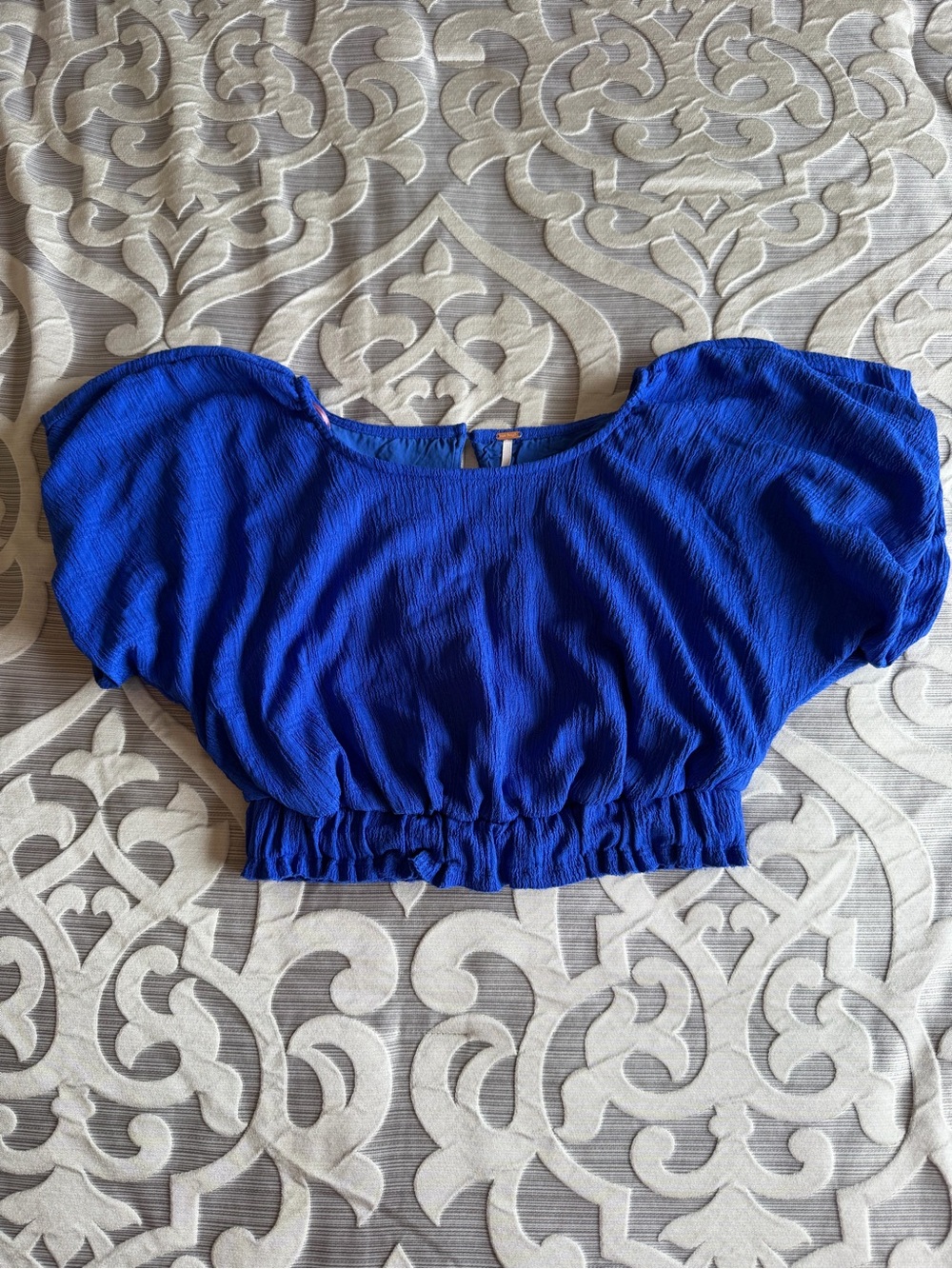 Free People Cobalt Blue Cropped Puff-Sleeve Top